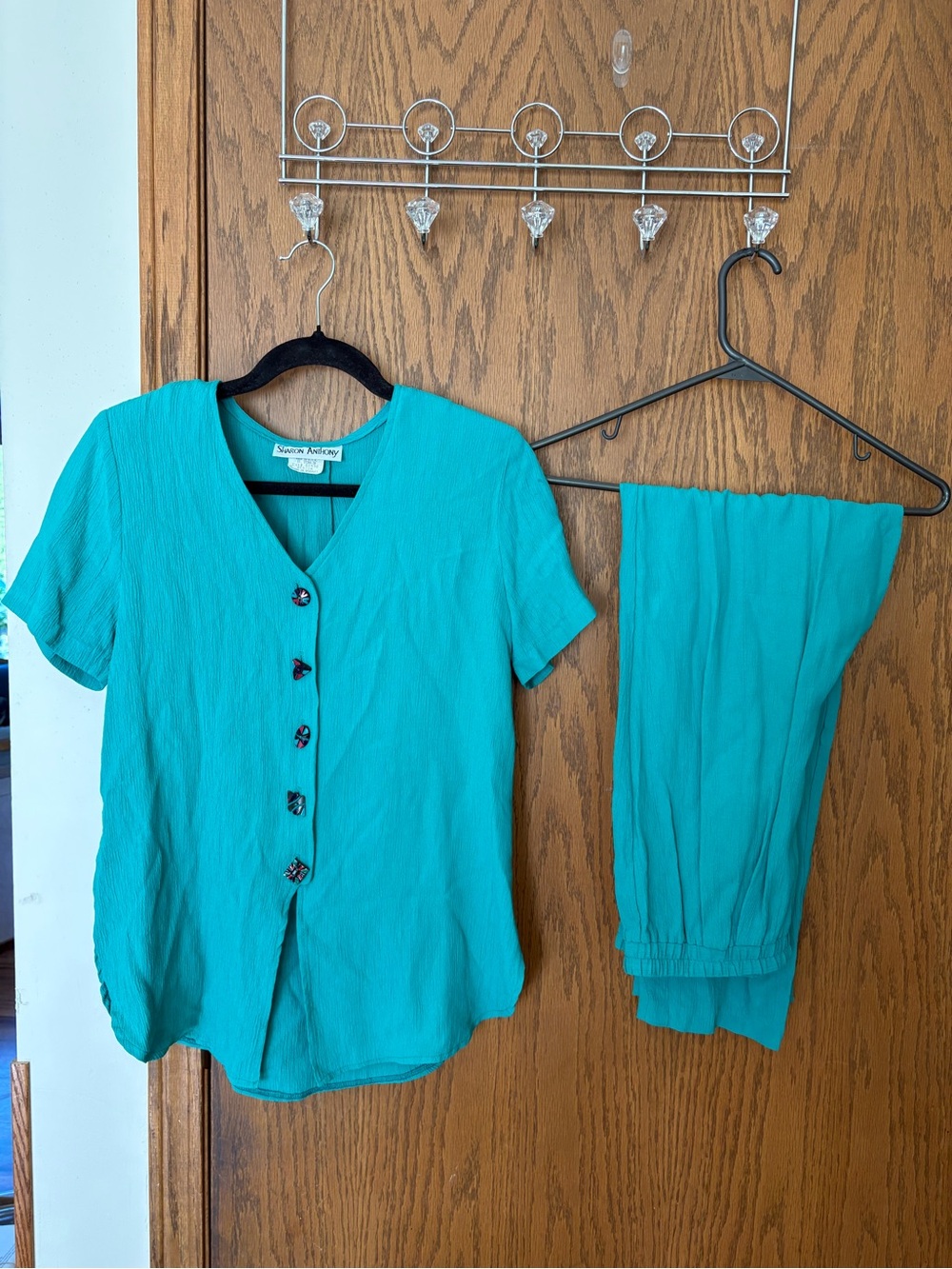 Sharon Anthony Vintage Textured Blouse/Pant Set with Fun Buttons